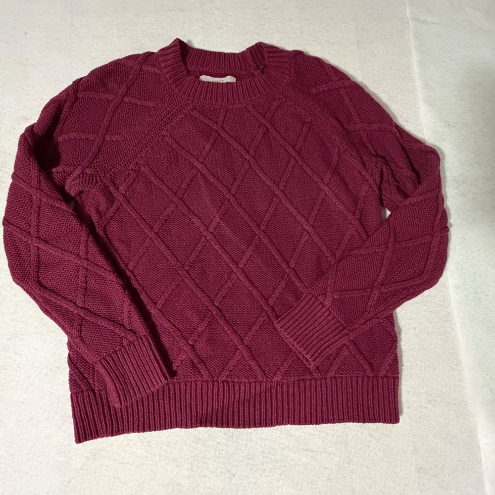 Loft Womens Berry Pink Diamond Cable Knit Crew Neck Sweater Size L
